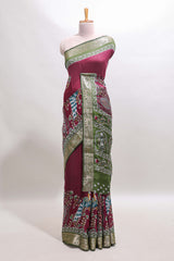 Purple peacock & floral design marsh mellow saree with contrast border and printed blouse