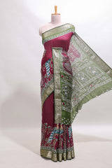 Purple peacock & floral design marsh mellow saree with contrast border and printed blouse