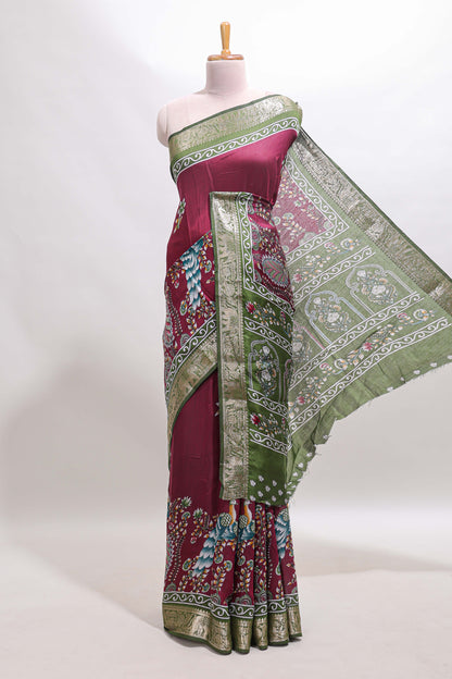 Purple peacock & floral design marsh mellow saree with contrast border and printed blouse