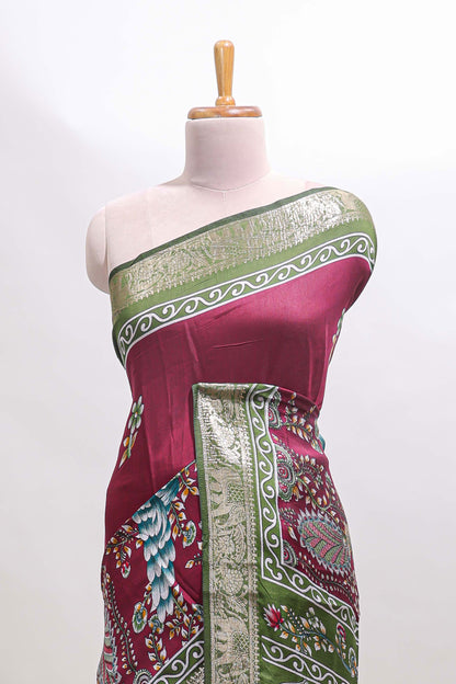 Purple peacock & floral design marsh mellow saree with contrast border and printed blouse