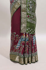 Purple peacock & floral design marsh mellow saree with contrast border and printed blouse