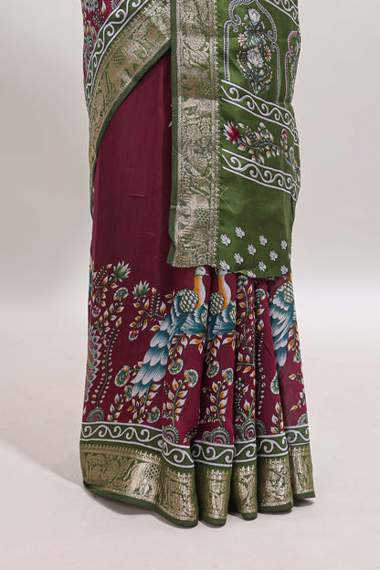 Purple peacock & floral design marsh mellow saree with contrast border and printed blouse