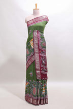 Green peacock & floral design marsh mellow saree with contrast border and printed blouse