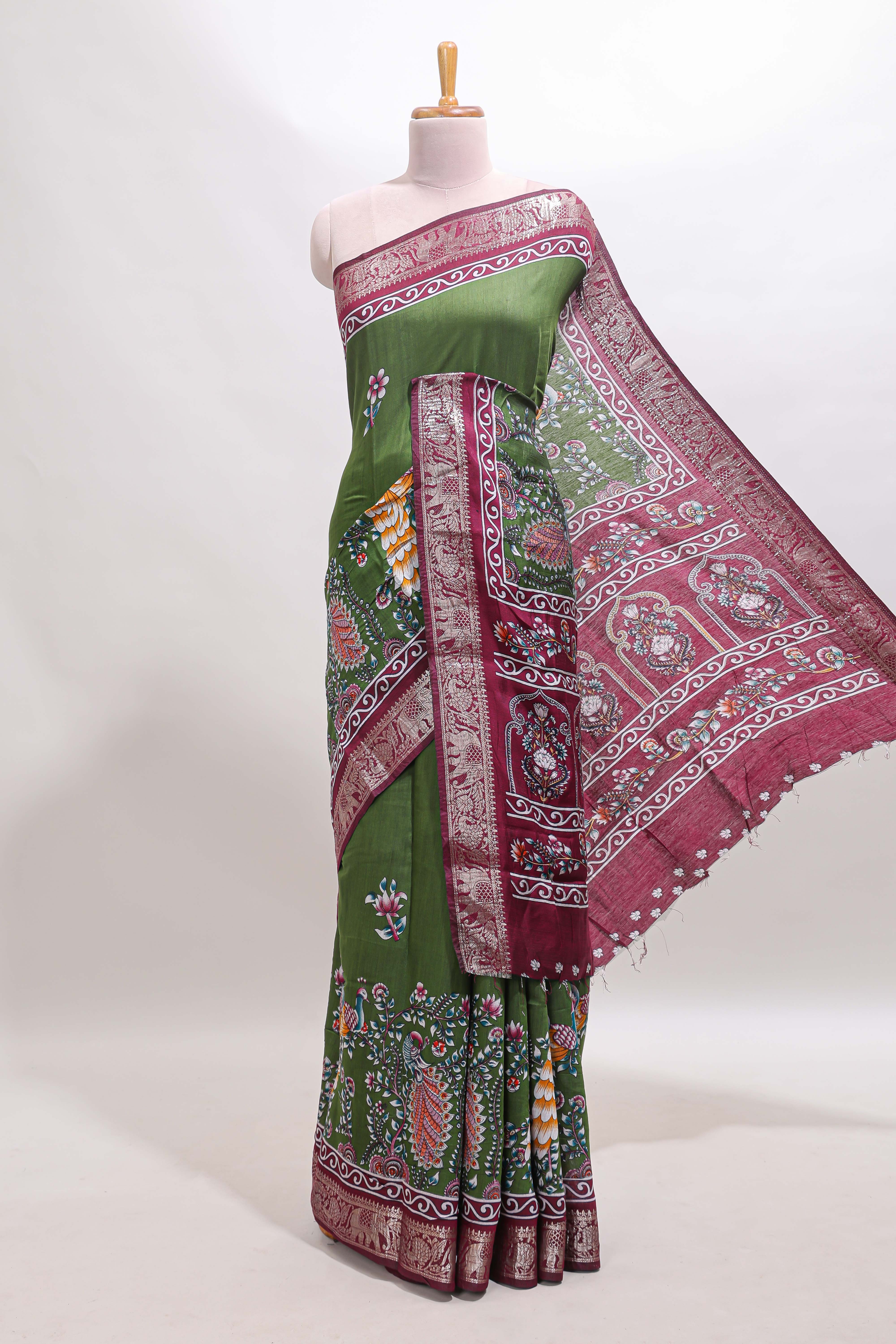Green peacock & floral design marsh mellow saree with contrast border and printed blouse