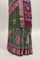 Green peacock & floral design marsh mellow saree with contrast border and printed blouse