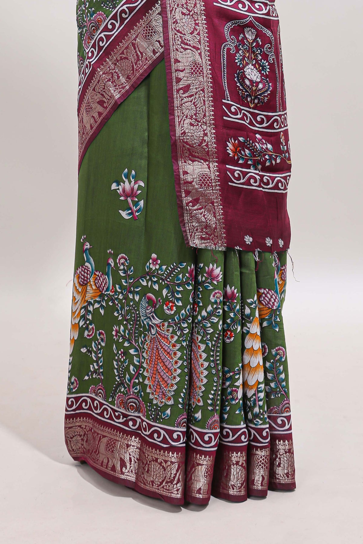 Green peacock & floral design marsh mellow saree with contrast border and printed blouse