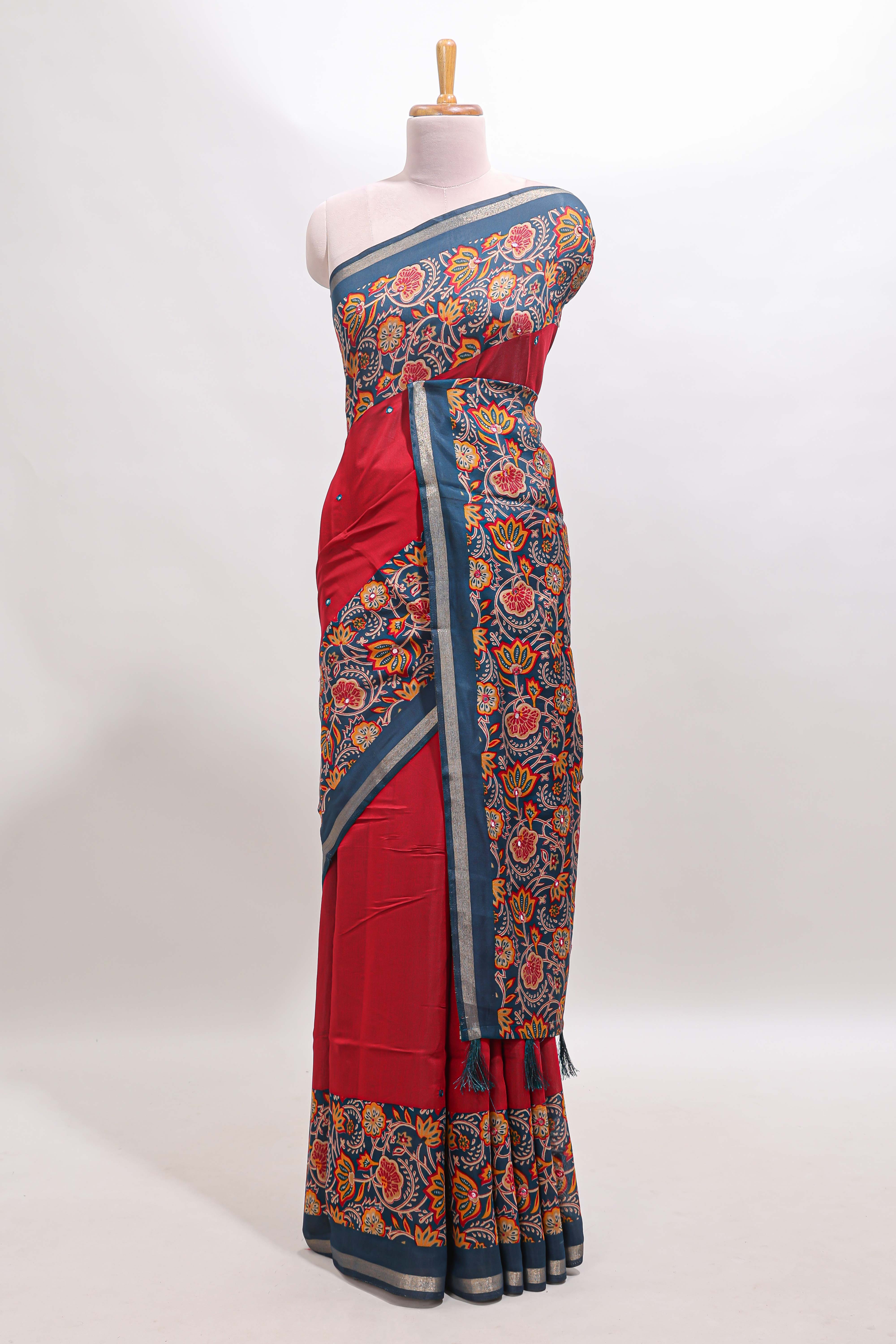 Red mirror work marsh mellow saree with contrast floral print border and printed blouse