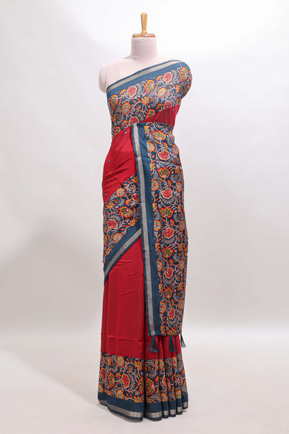 Red mirror work marsh mellow saree with contrast floral print border and printed blouse
