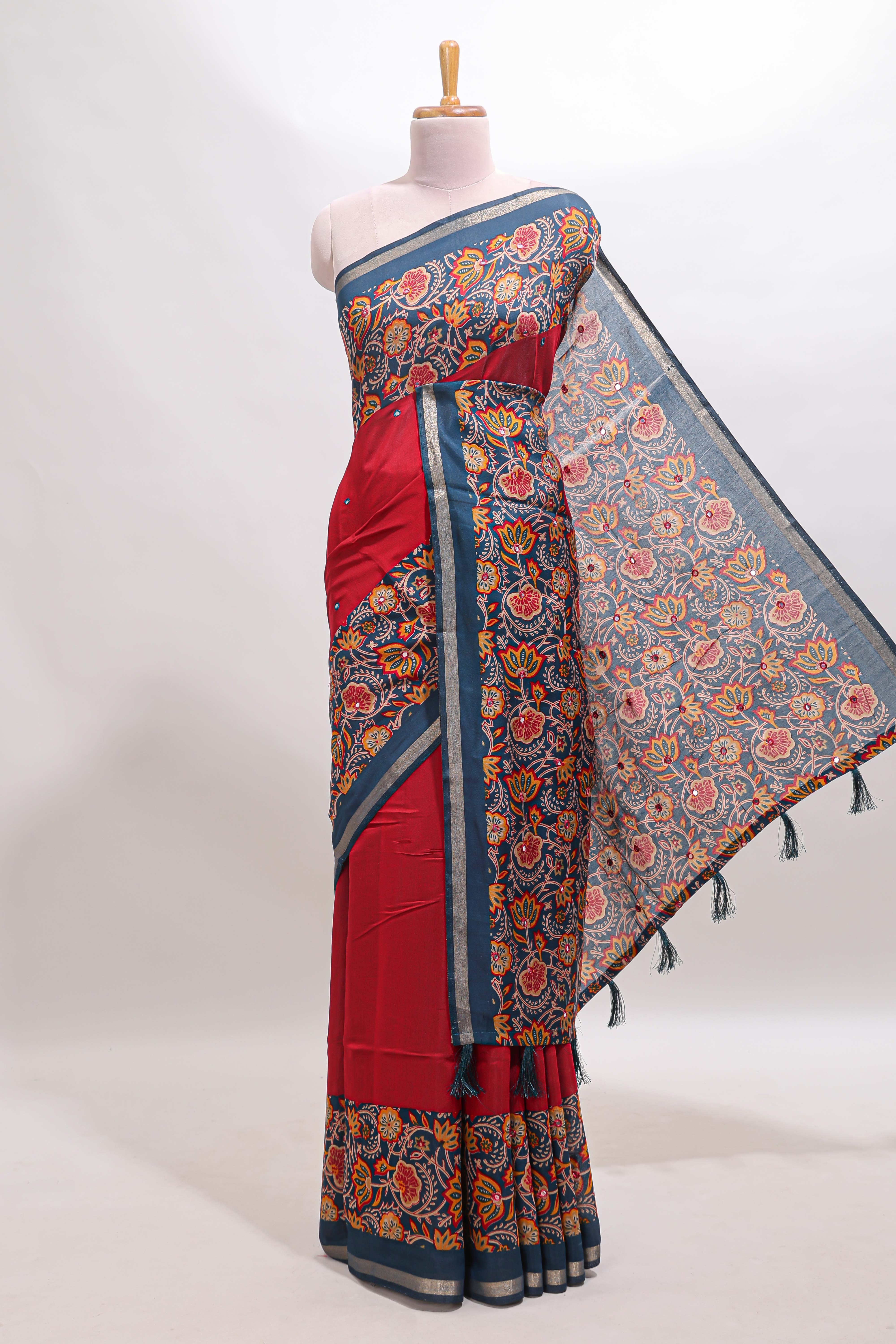 Red mirror work marsh mellow saree with contrast floral print border and printed blouse
