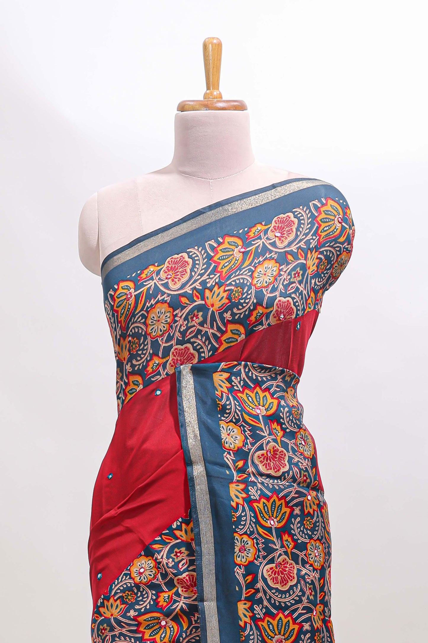 Red mirror work marsh mellow saree with contrast floral print border and printed blouse