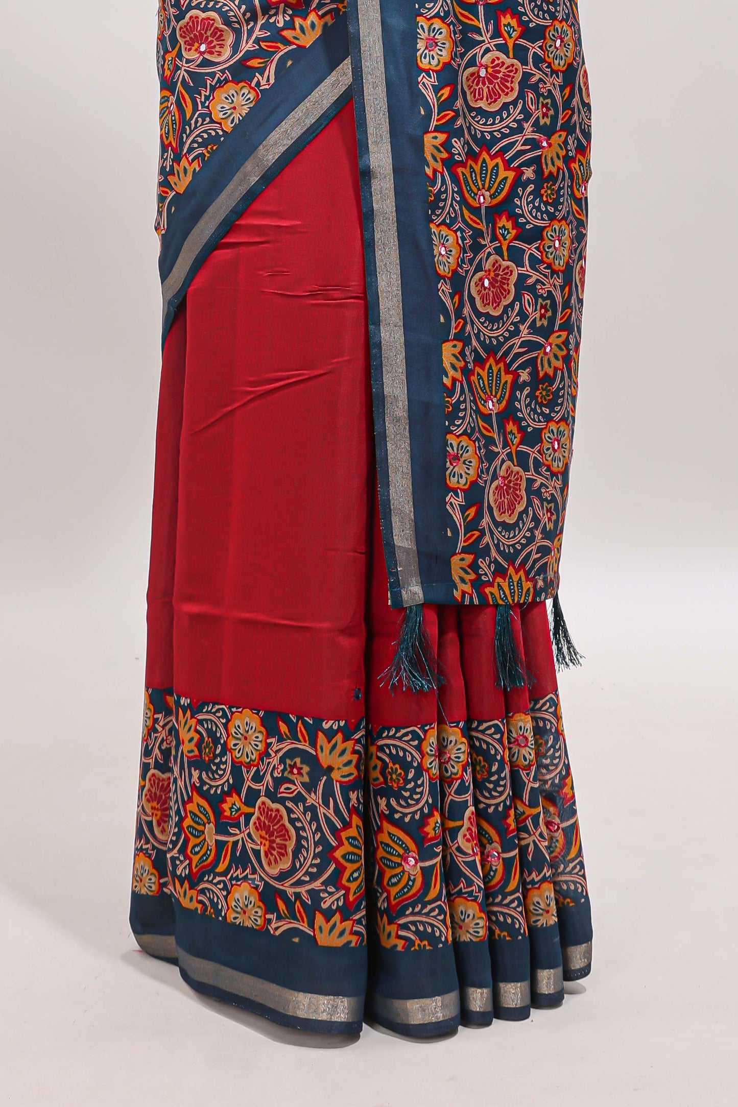 Red mirror work marsh mellow saree with contrast floral print border and printed blouse