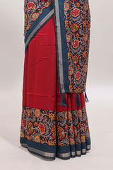 Red mirror work marsh mellow saree with contrast floral print border and printed blouse