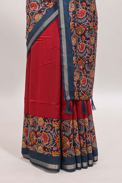 Red mirror work marsh mellow saree with contrast floral print border and printed blouse