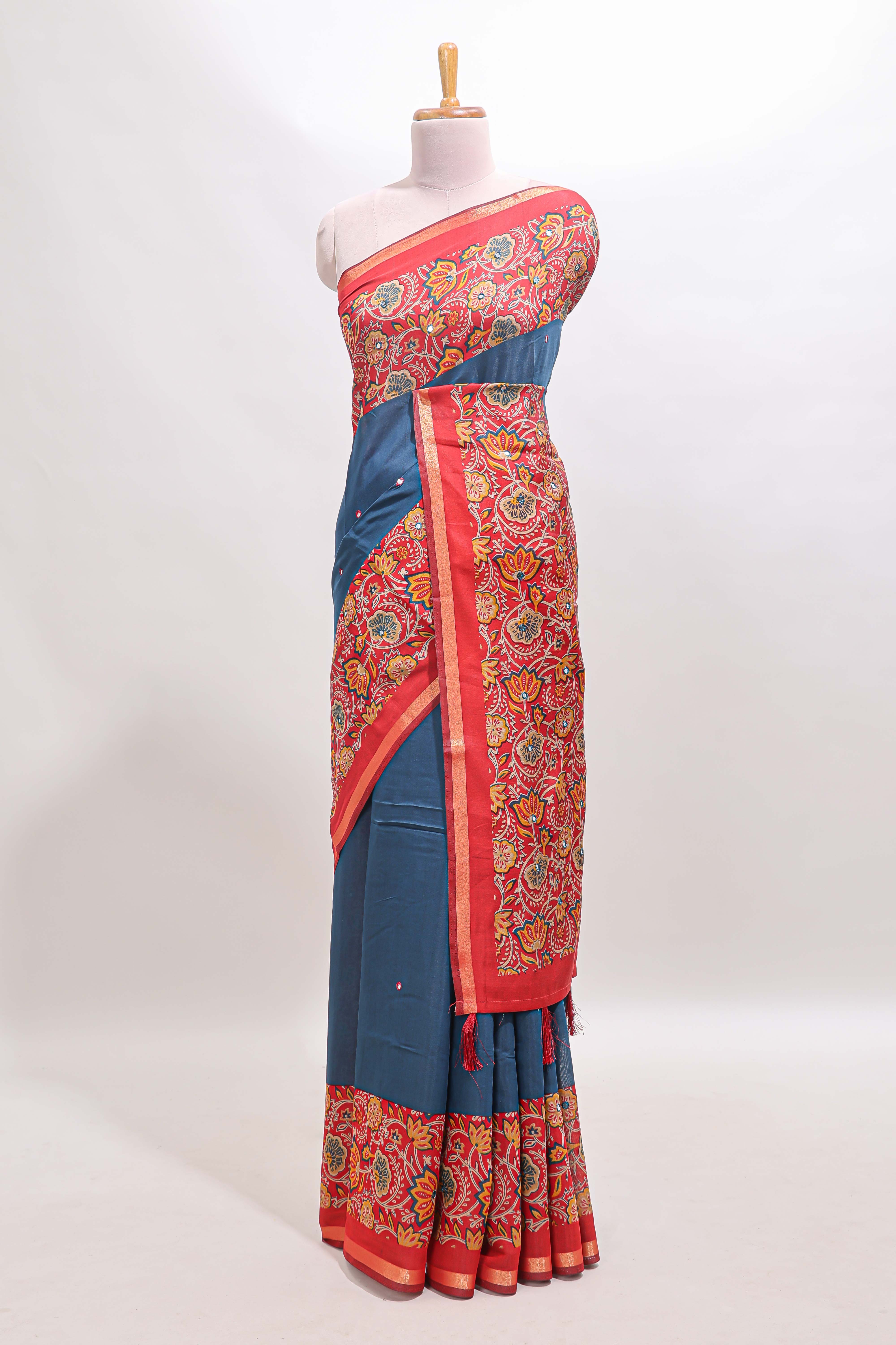 Blue mirror work marsh mellow saree with contrast floral print border and printed blouse