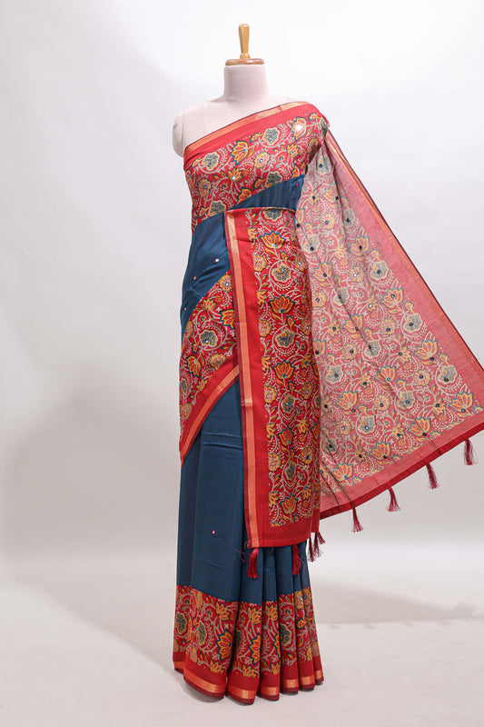 Blue mirror work marsh mellow saree with contrast floral print border and printed blouse