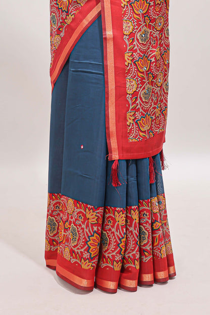 Blue mirror work marsh mellow saree with contrast floral print border and printed blouse