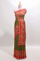 Green mirror work marsh mellow saree with contrast floral print border and printed blouse