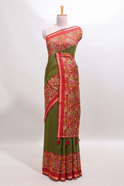 Green mirror work marsh mellow saree with contrast floral print border and printed blouse