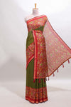 Green mirror work marsh mellow saree with contrast floral print border and printed blouse