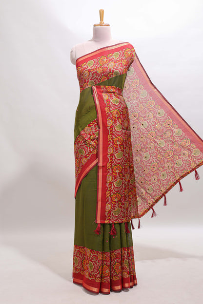 Green mirror work marsh mellow saree with contrast floral print border and printed blouse