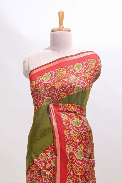 Green mirror work marsh mellow saree with contrast floral print border and printed blouse