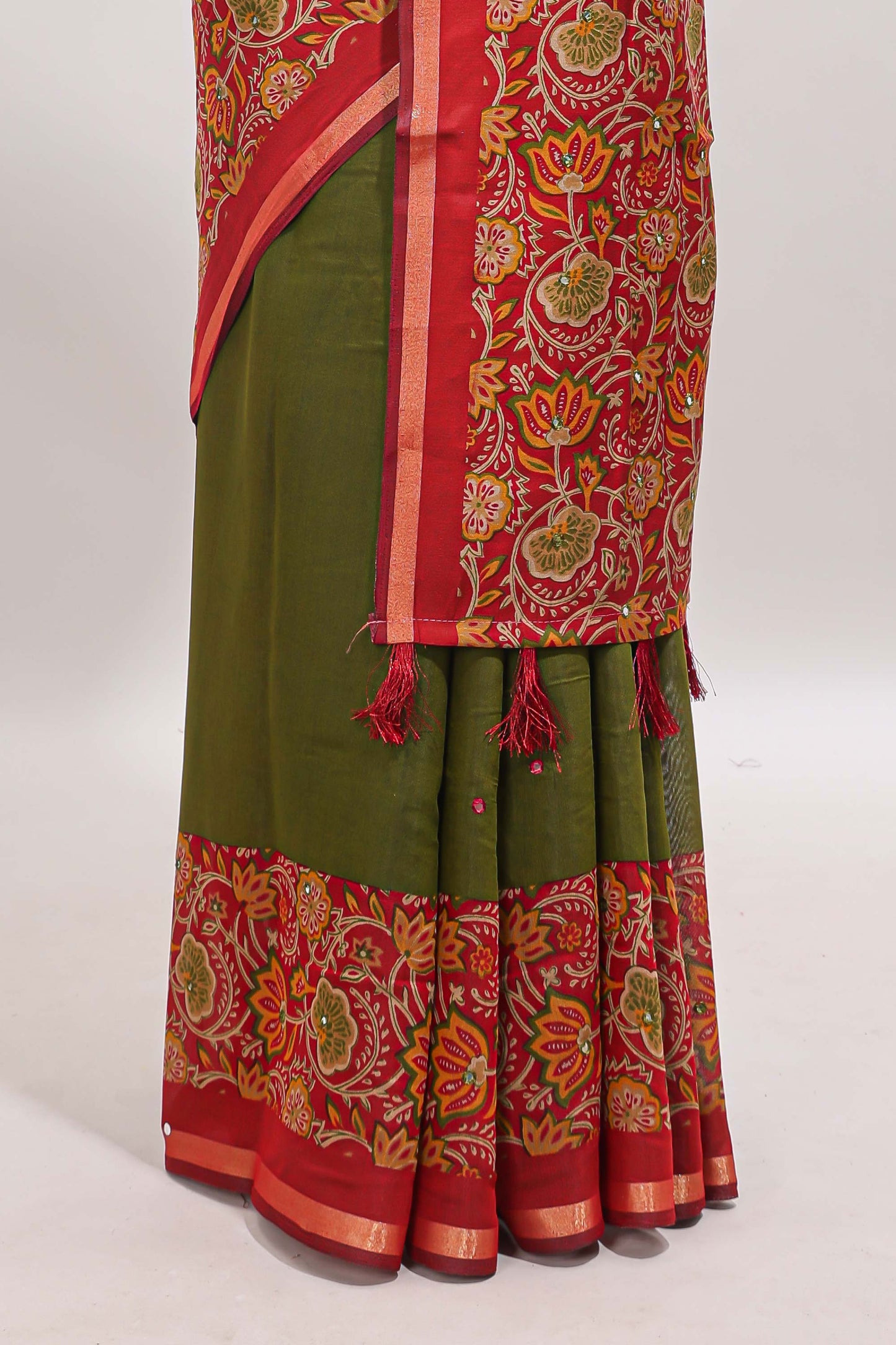 Green mirror work marsh mellow saree with contrast floral print border and printed blouse