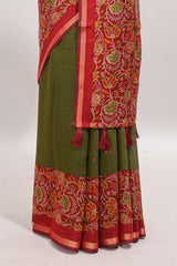 Green mirror work marsh mellow saree with contrast floral print border and printed blouse