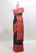 Black mirror work marsh mellow saree with contrast floral print border and printed blouse
