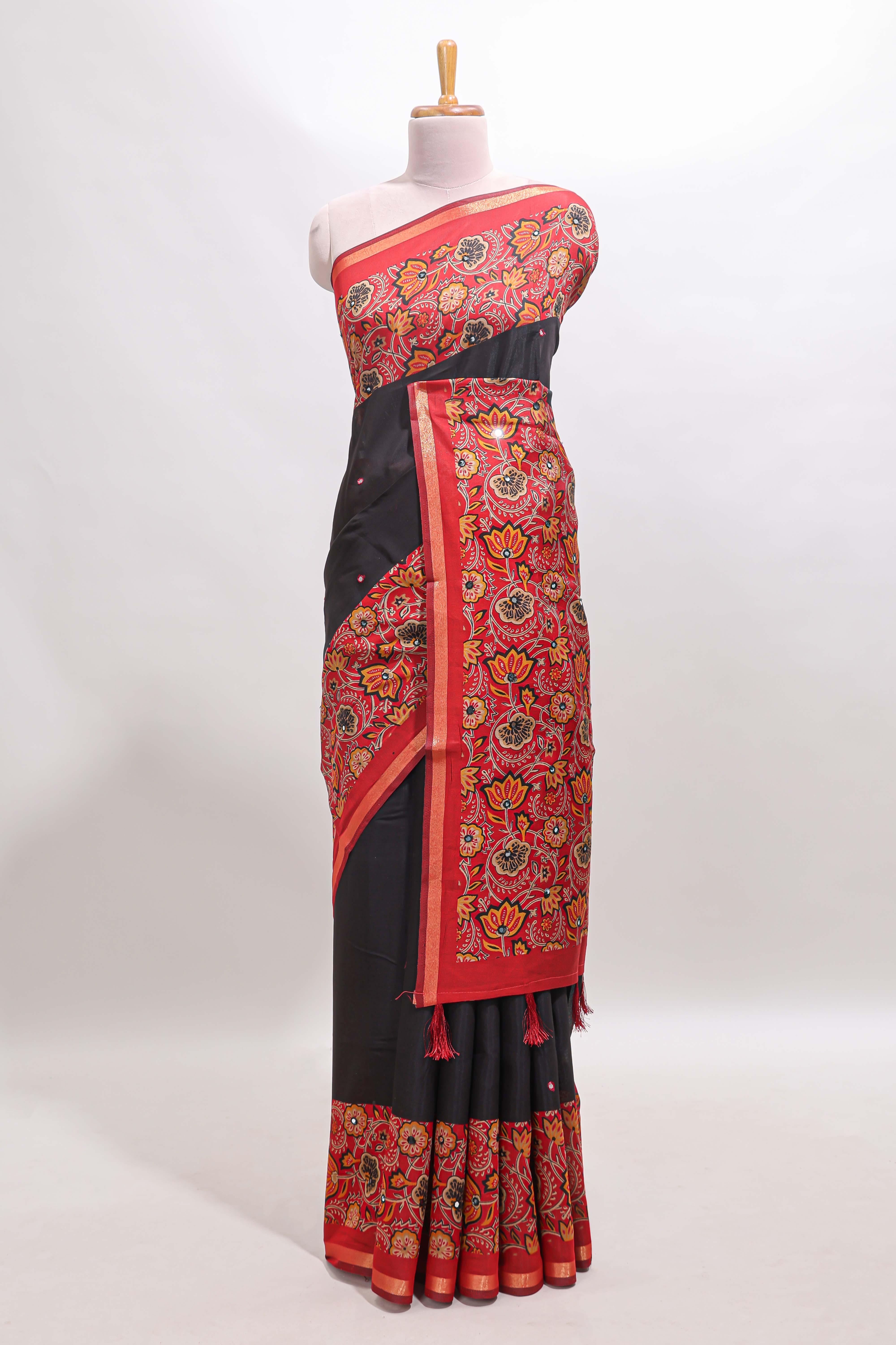 Black mirror work marsh mellow saree with contrast floral print border and printed blouse