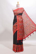 Black mirror work marsh mellow saree with contrast floral print border and printed blouse