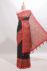 Black mirror work marsh mellow saree with contrast floral print border and printed blouse