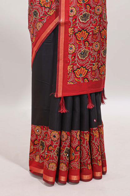 Black mirror work marsh mellow saree with contrast floral print border and printed blouse