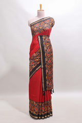 Red embrodery mirror work marsh mellow saree with contrast floral print border and printed blouse