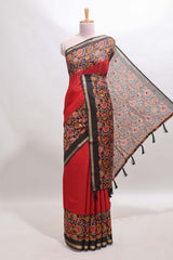 Red embrodery mirror work marsh mellow saree with contrast floral print border and printed blouse