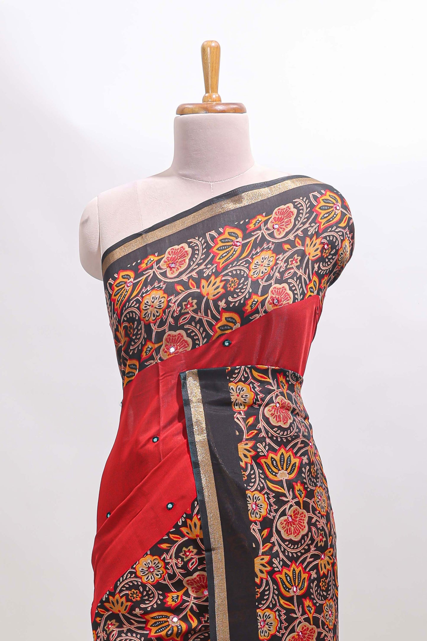 Red embrodery mirror work marsh mellow saree with contrast floral print border and printed blouse