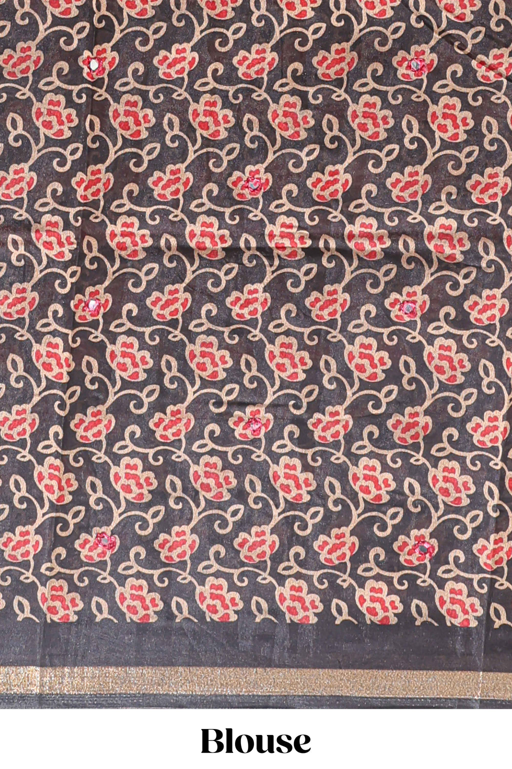 Red embrodery mirror work marsh mellow saree with contrast floral print border and printed blouse