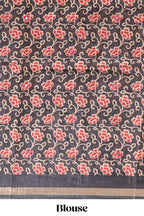 Red embrodery mirror work marsh mellow saree with contrast floral print border and printed blouse