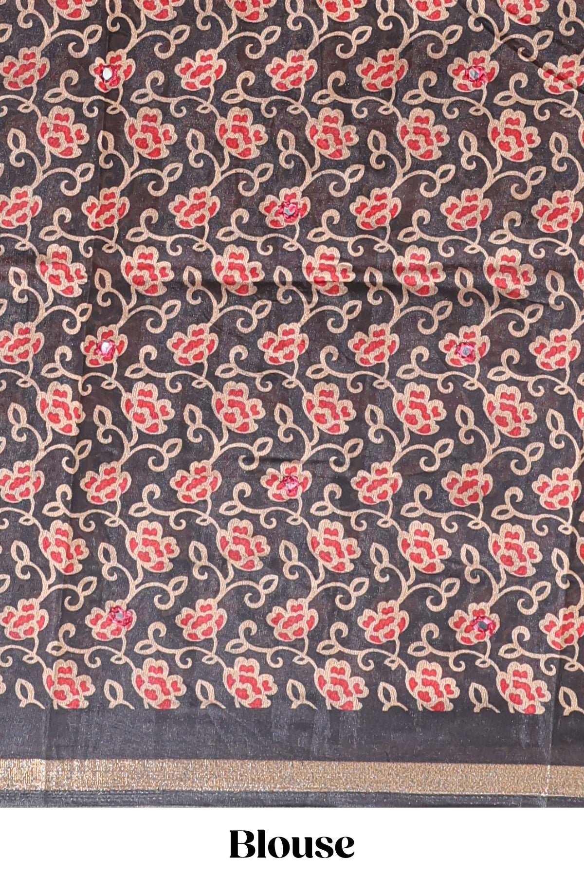 Red embrodery mirror work marsh mellow saree with contrast floral print border and printed blouse