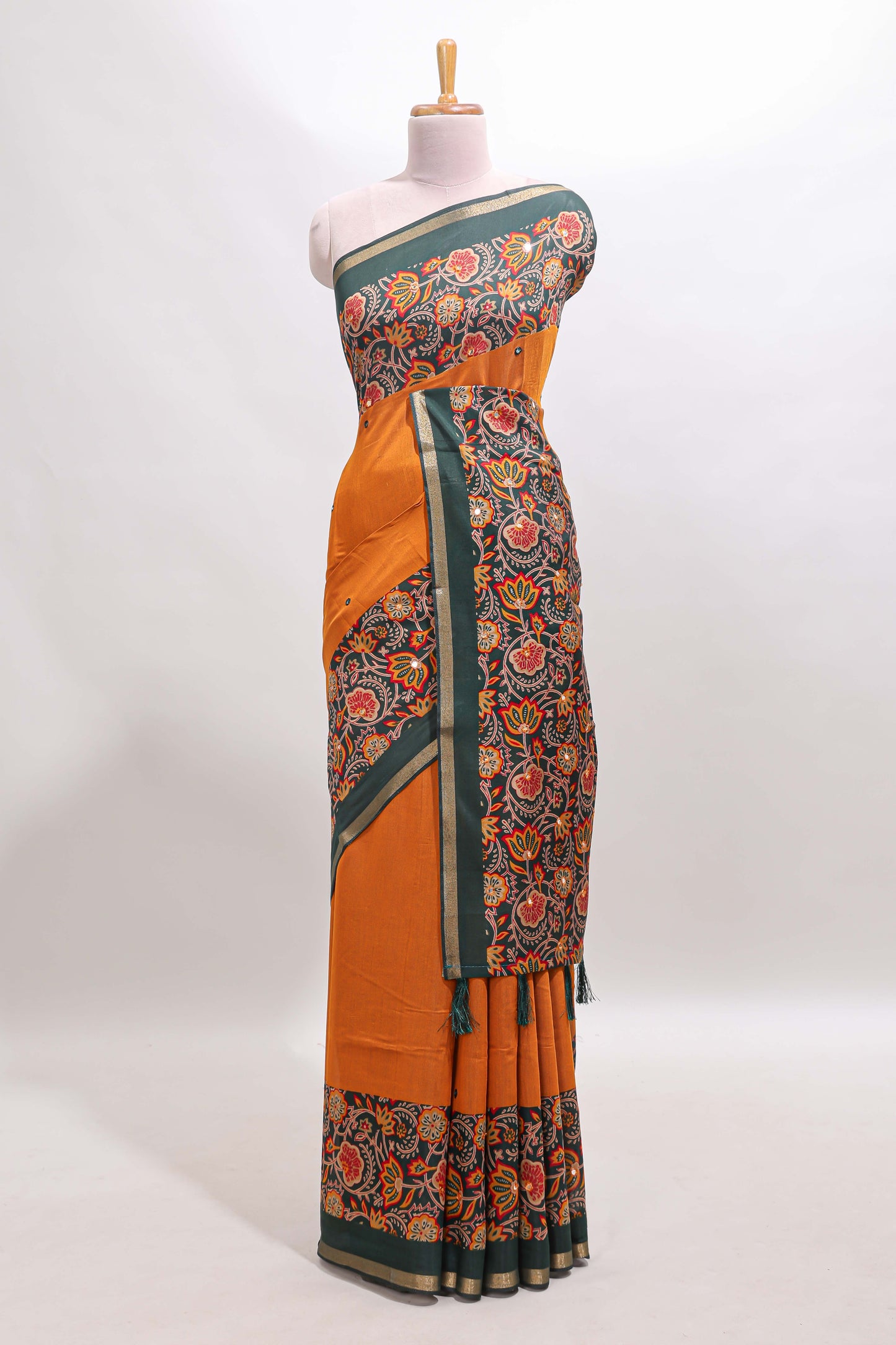 Yellow mirror work marsh mellow saree with contrast floral print border and printed blouse