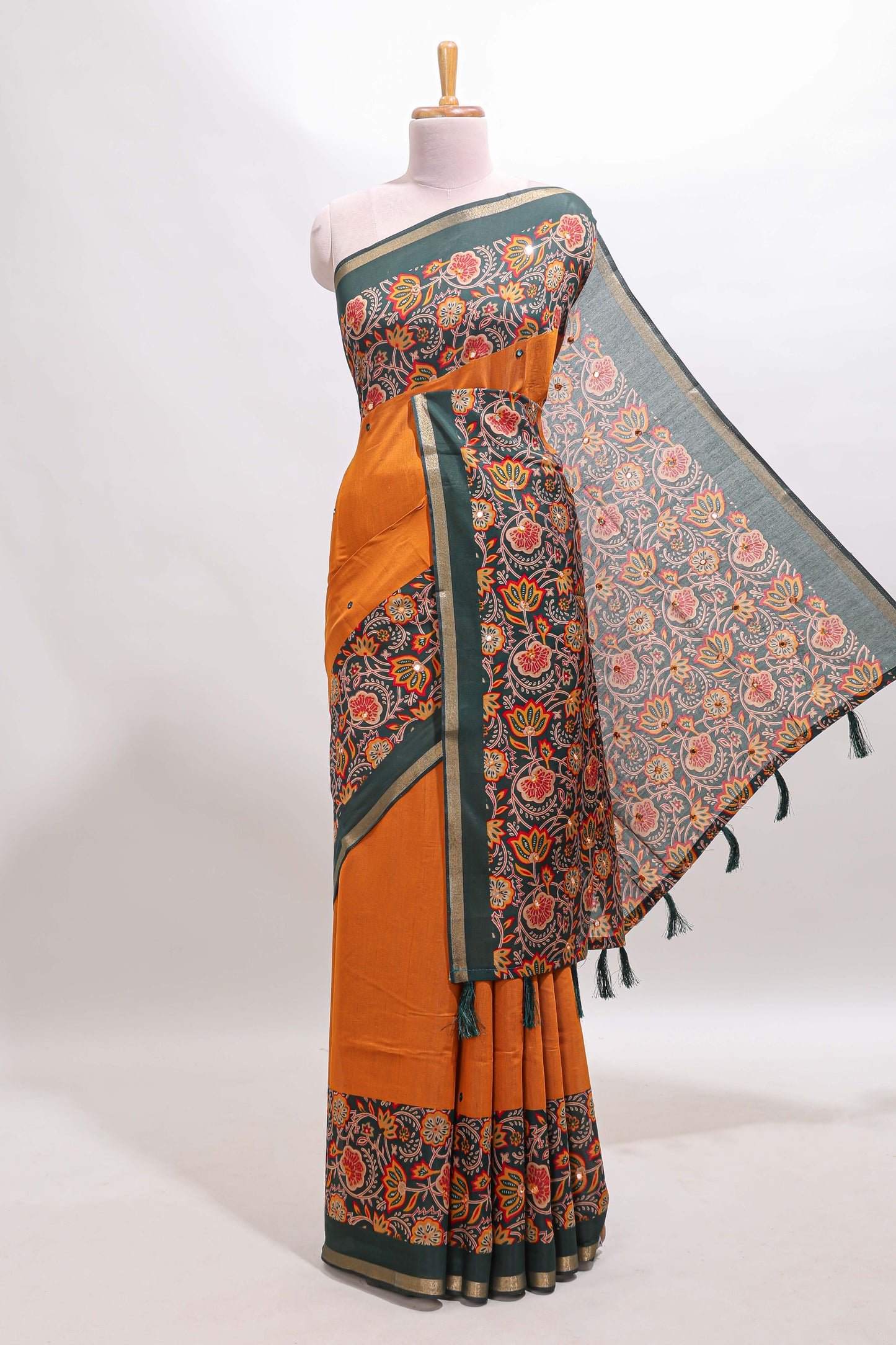 Yellow mirror work marsh mellow saree with contrast floral print border and printed blouse