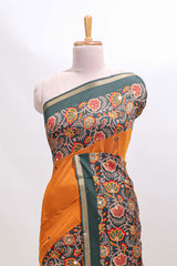 Yellow mirror work marsh mellow saree with contrast floral print border and printed blouse