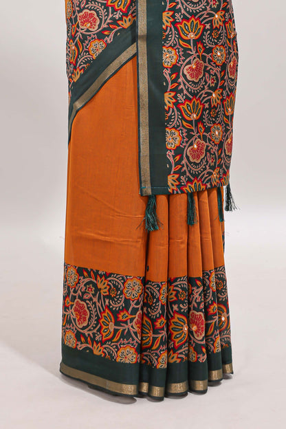 Yellow mirror work marsh mellow saree with contrast floral print border and printed blouse
