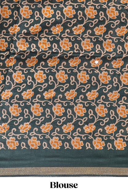 Yellow mirror work marsh mellow saree with contrast floral print border and printed blouse