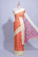 Orange colourshibori printed marsh mellow saree with contrast border and matching printed blouse