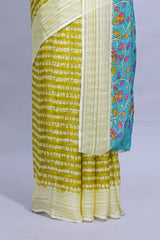 Green colourshibori printed marsh mellow saree with contrast border and matching printed blouse