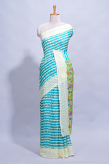 Blue colourshibori printed marsh mellow saree with contrast border and matching printed blouse