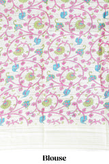 Blue colourshibori printed marsh mellow saree with contrast border and matching printed blouse