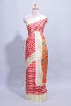 Red colourshibori printed marsh mellow saree with contrast border and matching printed blouse