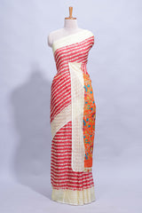 Red colourshibori printed marsh mellow saree with contrast border and matching printed blouse