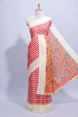 Red colourshibori printed marsh mellow saree with contrast border and matching printed blouse